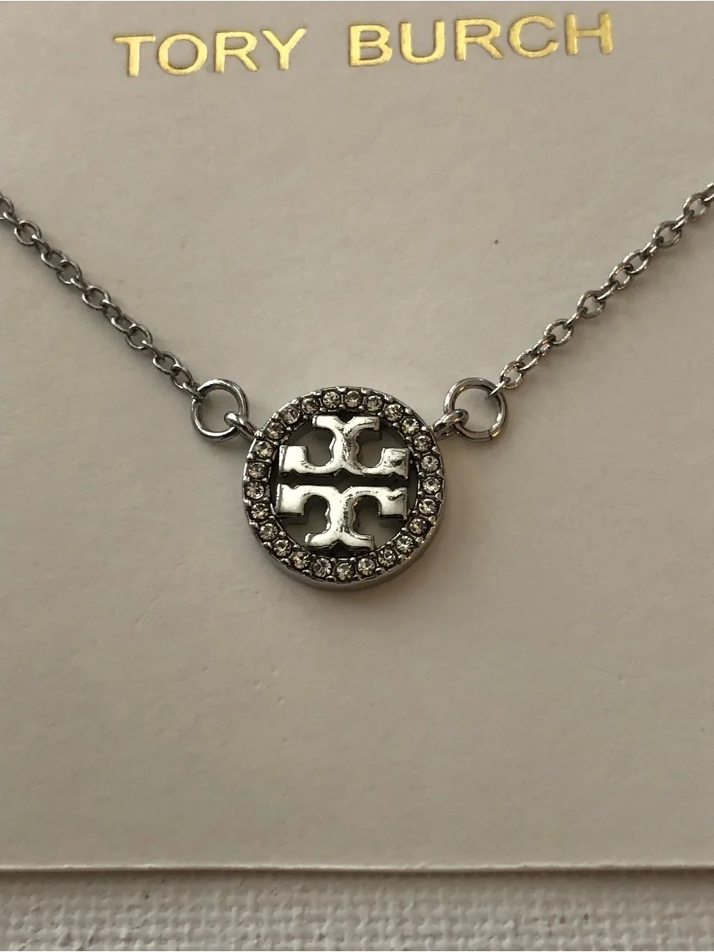 Tory Burch Silver Logo Crystal Circle Necklace